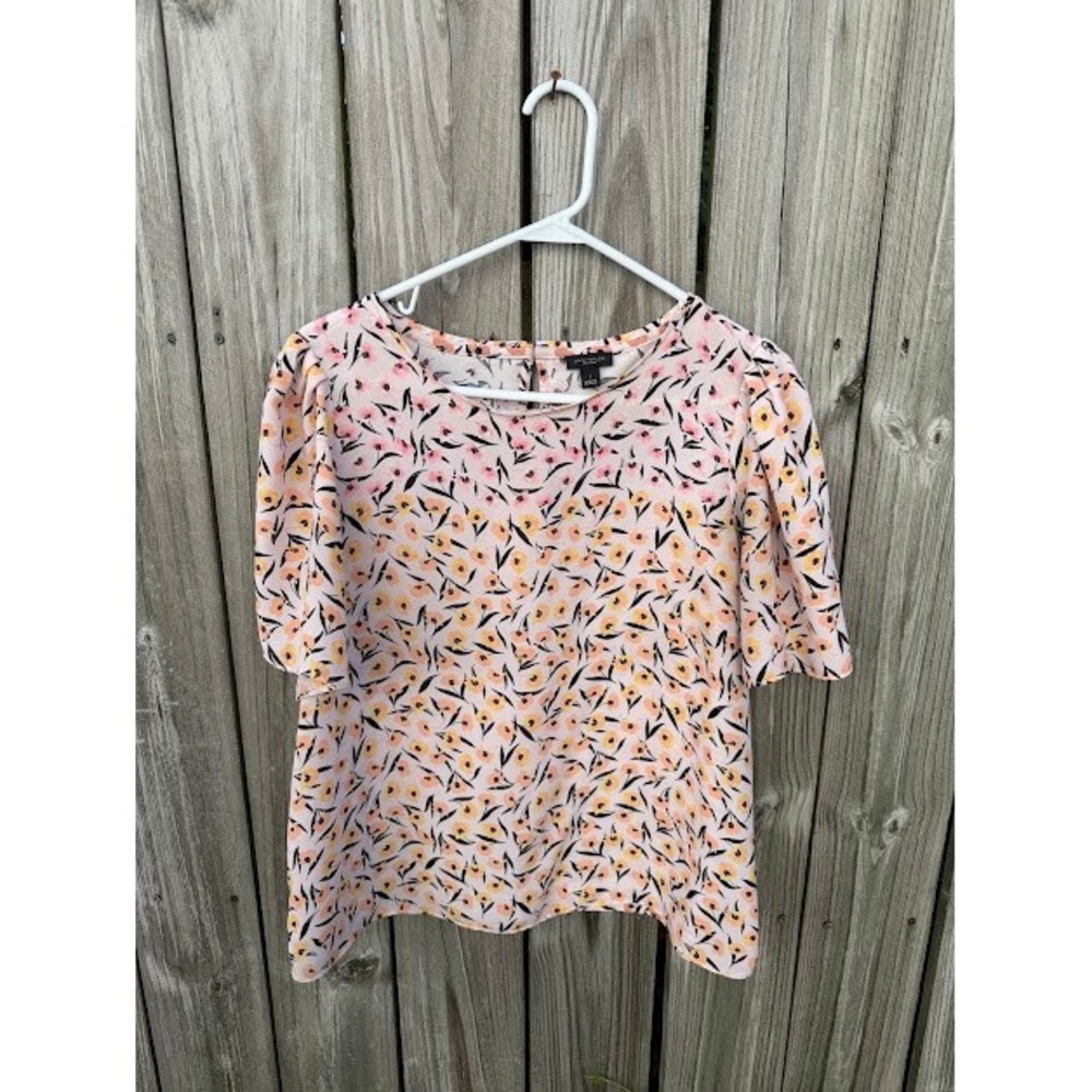 Floral Ann Taylor Factory Blouse Womens L Pink Yellow Puff Sleeve Crew Neck Top